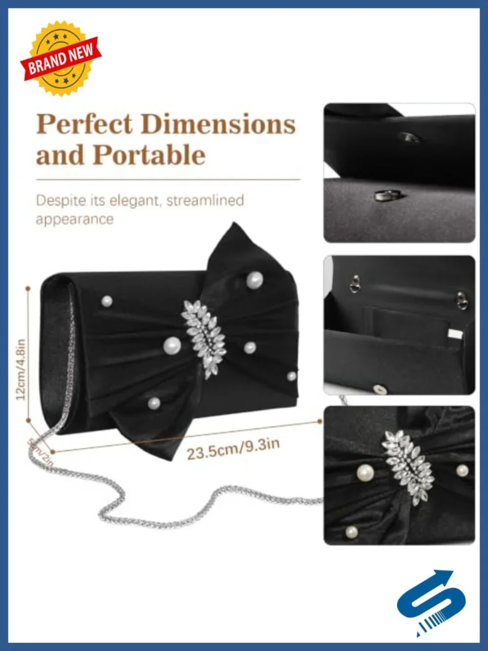 Satin Envelope Clutch with Pearl Bow & Crystal Evening Bag